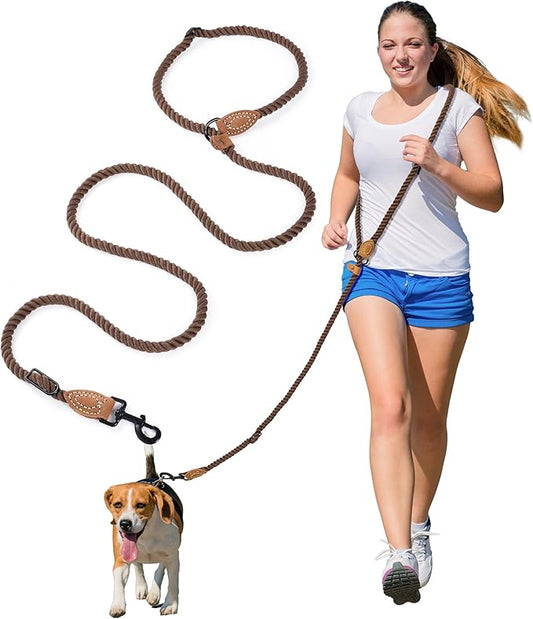 Mile High Life Hands Free Dog Leash, Crossbody Waist Leash with Genuine Leather Connection, Multifunctional Adjustable Slip Lead for Dog Walking Running (Dark Brown, 7FT)