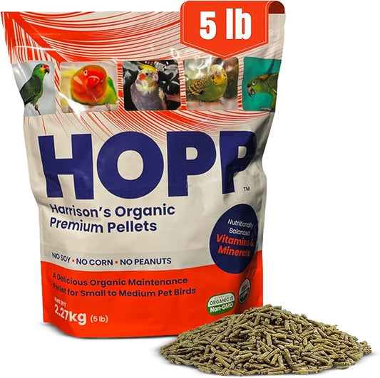 Harrison's Bird Foods HOPP Premium Pellets – Organic, Nutritionally Balanced Food for Small to Medium Pet Birds, Cold-Pressed, Low Fat, Vet-Developed, 5LB