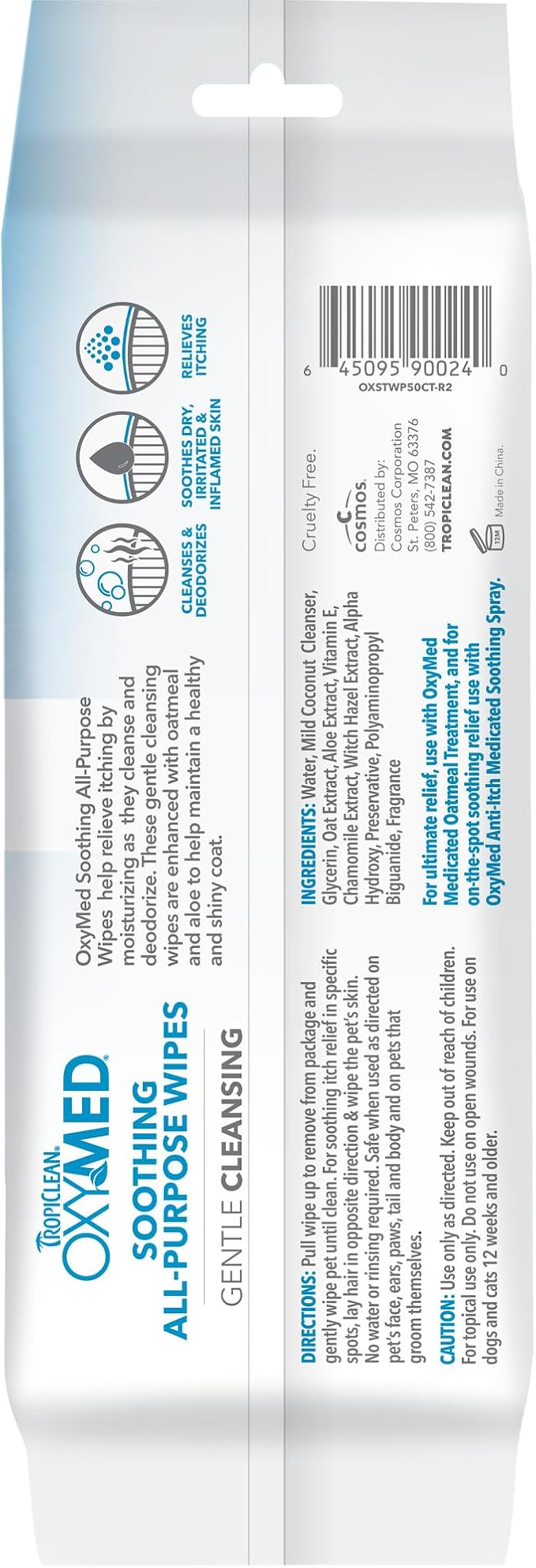 TropiClean Oxymed Soothing Allover Cat & Dog Wipes For Paws And Butt | Anti Itch Relief For Dogs & Cats 50 Count