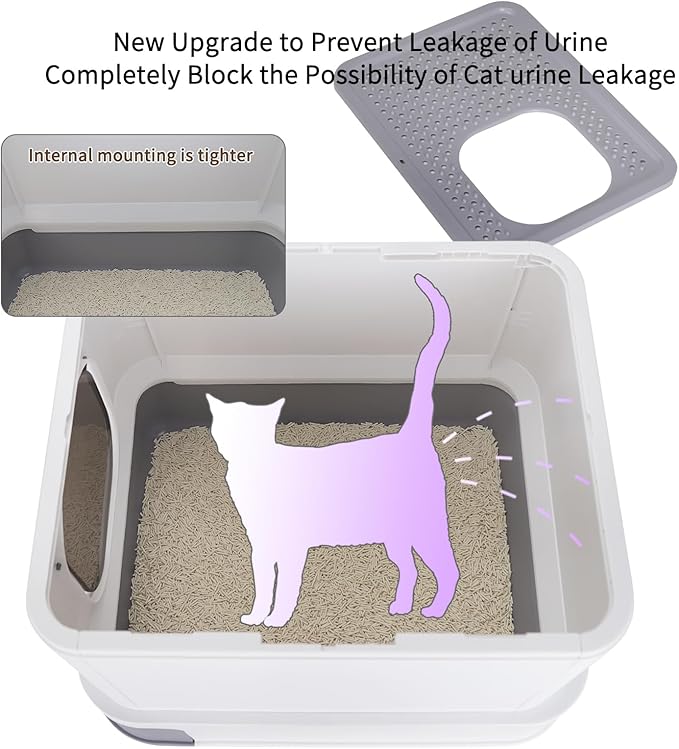 RIZZARI Large Enclosed Cat Litter Box : Covered Leak-Proof Reduces Odor - for Indoor Use Cat Owners (White)