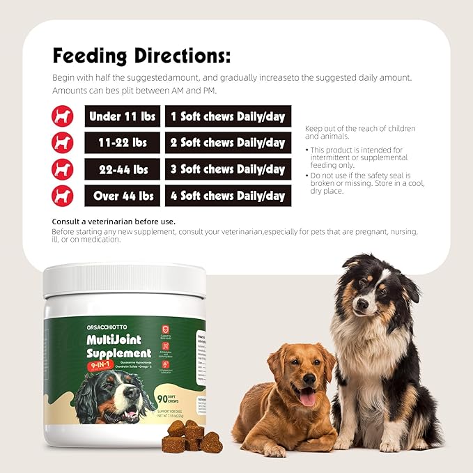 Premium Glucosamine for Dogs — Hip and Joint Care Chews (90 Chews) with MSM, Natural Chondroitin, Collagen, and Omega-3 — Relieve Hip and Joint Pain, Help Improve Mobility Orsacchiotto