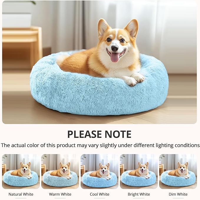 JOLLYVOGUE Calming Dog & Cat Bed for Small Dogs, Anti-Anxiety Donut Cuddler Cozy Soft Round Bed with Anti-Slip Bottom, Fluffy Faux Fur Plush Cushion Beds for Small Medium Pets (20")