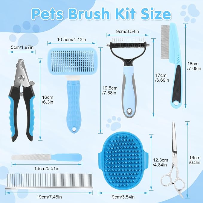 Cat Grooming Brush, 9PCS Dog Brush Kit with Pet Nail Clipper and File, Deshedding Brush for Cats, Cats Dog Shedding Brushs for Small Large Pets, Includes Flea Comb, Bath Brushs,Undercoat Rake (Blue)