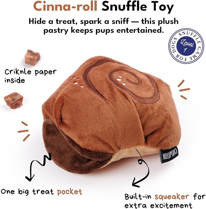 Interactive Dog Enrichment Snuffle Toy, Squeaky Dog Toys, Cute Soft Puppy Gifts, Crinkle Treat Puzzle Toys for Brain Stimulation, Cinnamon Roll Toy for Small and Medium Size Dogs