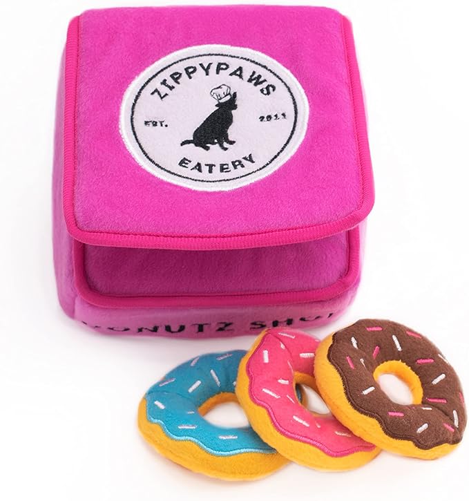 ZippyPaws Burrow- Interactive Dog & Puppy Toys for Boredom, Stimulating Pet Products to Keep Them Busy, Hide & Seek Plush Dog Puzzle, Enrichment Squeaky Toy, for Small & Medium Dogs- Donutz Box