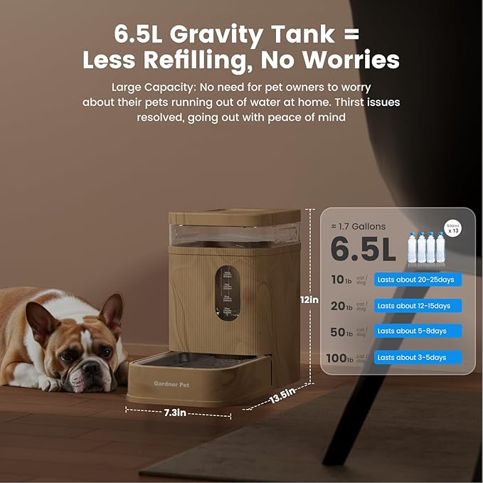 Gardner Pet Automatic Dog Water Dispenser Gravity Waterer with Stainless Steel Bowl Water Dispenser 6.5L Large Capacity Water Feeder for Dogs Cats Pets, BPA-Free Noise-Free (Light Brown, 6.5L)