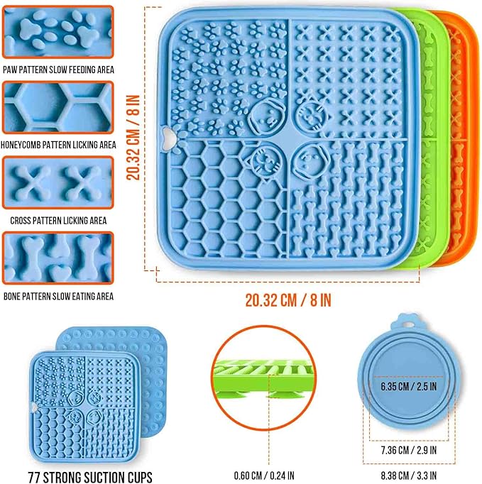 3 Pcs Licking Mat for Dogs and Cats Set, 3 Lick Mats with Suction Cups for Dog Anxiety Relief, Cat Lick Pad，3 Spoons and 3 Silicone lids for pet Canning（9 Pcs in Total）