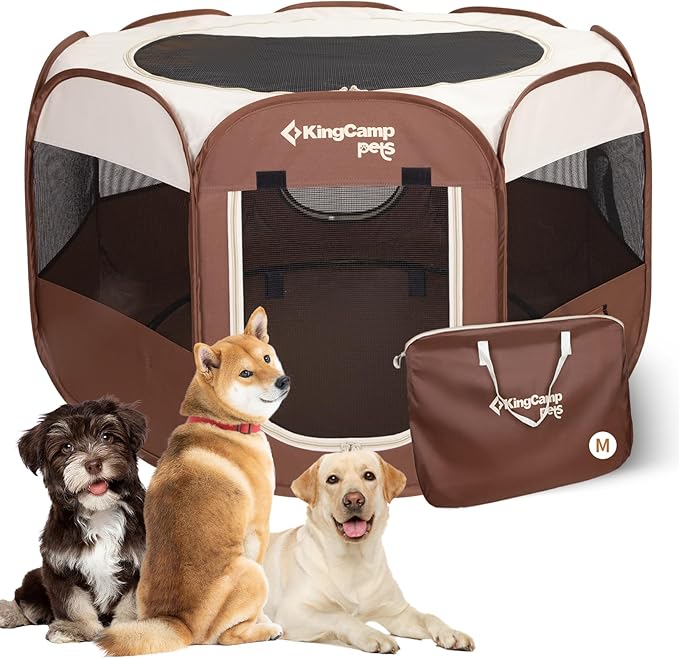 KingCamp Dog Playpen, Portable Foldable Cat Kitten Puppy Tent Crates 29"/36"/50" Pop Up Pet Playpen with Zippered Bottom & Cover for Indoor Outdoor Use (Medium, Khaki)