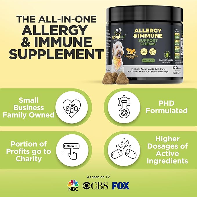 Googipet Dog Allergy Chews, Seasonal Dog Allergy Relief & Itchy Skin Relief, Skin & Coat Supplement +Bee Pollen, Colostrum, Coconut Oil, Probiotics, & Omega 3 Fish Oil for Dogs