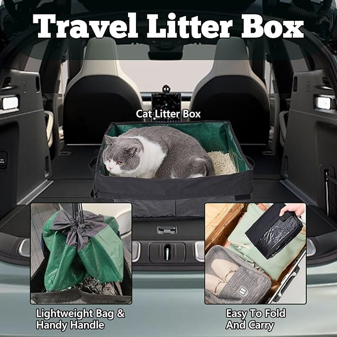 Travel Litter Box for Cats, Foldable Portable Litter Box, Leak Proof Cat Travel Carrier with Kitty Litter Scoop Bowl, Collapsible Waterproof Odor Free Easy Carrier for Car Outdoor