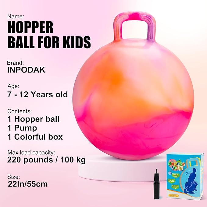 INPODAK Hopper Ball, 22 Inch Bouncy Ball with Handle for Kids, Hippity Hop Jumping Bounce Hopping Toy for Boys Girls Ages 7-12 with Pump and Gift Box Great Gift for Birthday Holiday (Orange)