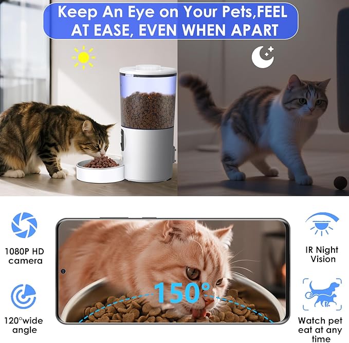 Automatic Cat Feeder with Camera and App, 6.5L 1080P HD Timed Pet Feeder, Automatic Dog Feeder with 2-Way Audio for Cats/Small Dogs, Cat Food Dispenser with Night Vision/Motion Alerts, WiFi 2.4G/5G