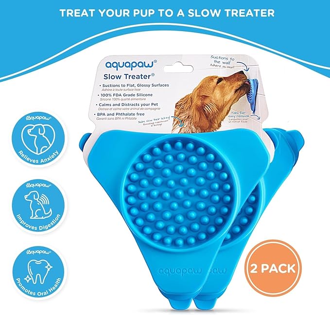 Aquapaw Lick Mat for Dogs - 2-Pack, Regular, Blue - Suction Cup Lick Mat & Slow Feeder Pad for Peanut Butter Dog Treats - Calming Bathing Aid