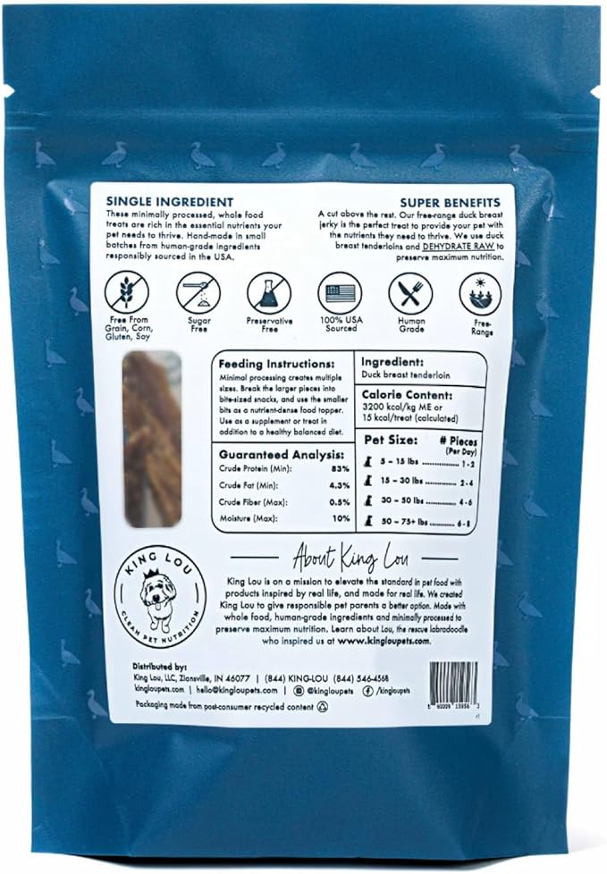 King Lou Pets - Duck Jerky Dog & Cat Treats - Single Ingredient, USA-Made, High Protein, 1 lb