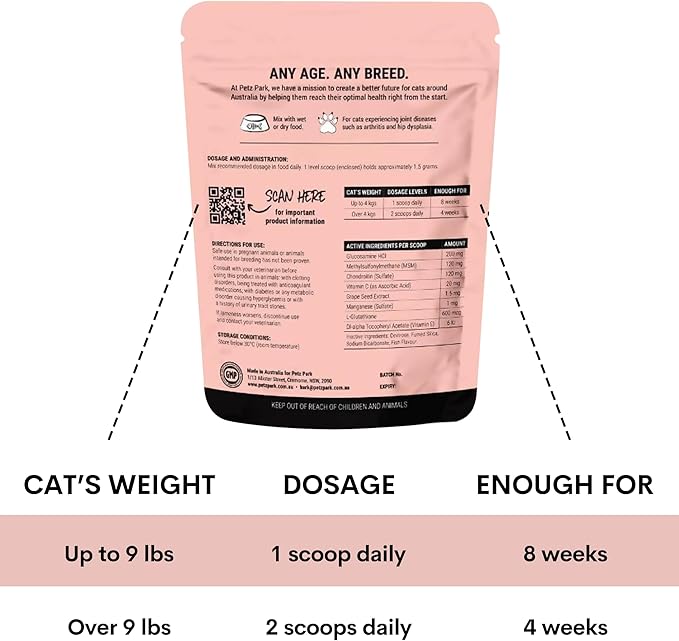 Hip and Joint Supplement for Cats - Glucosamine, Chondroitin, MSM for Joint Hip Care, Arthritis Pain Relief, Mobility Support, Cartilage Health, Inflammation Reduction - Senior Cat Support, 60 Scoops