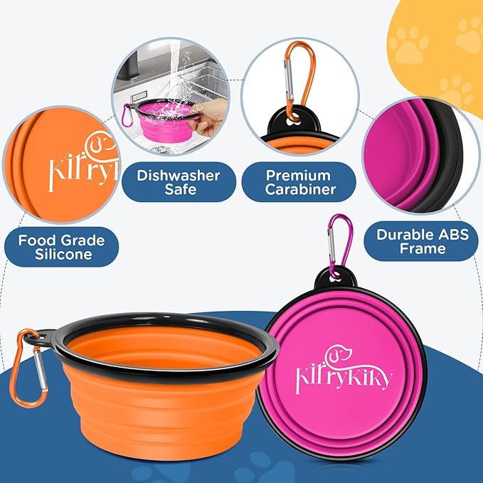Large Collapsible Dog Bowls, 2 Pack 34oz Portable Travel Dog Bowls, Foldable Water Bowl for Dogs, Pet Feeding Watering Dish with Carabiner, Food Grade Silicone BPA Free(Pink+Orange, L)
