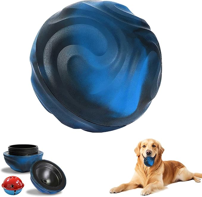 Yipetor Interactive Dog Toys Ball, Unswallowable 3.3'' Durable Replaceable Shell Rubber Dog Chewer Ball with Little Bell for Large Medium Dogs - Keep Them Busy/Relief Anxiety/Mental Stimulate (Blue)