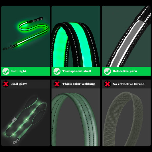 Multi-Color Light Up Dog Leash 4FT Color Changing 7 Lighting Modes Rechargeable Reflective LED Lighted Glow Dark Leash for Night Walking for Small Medium Large Dogs Blue Green Pink