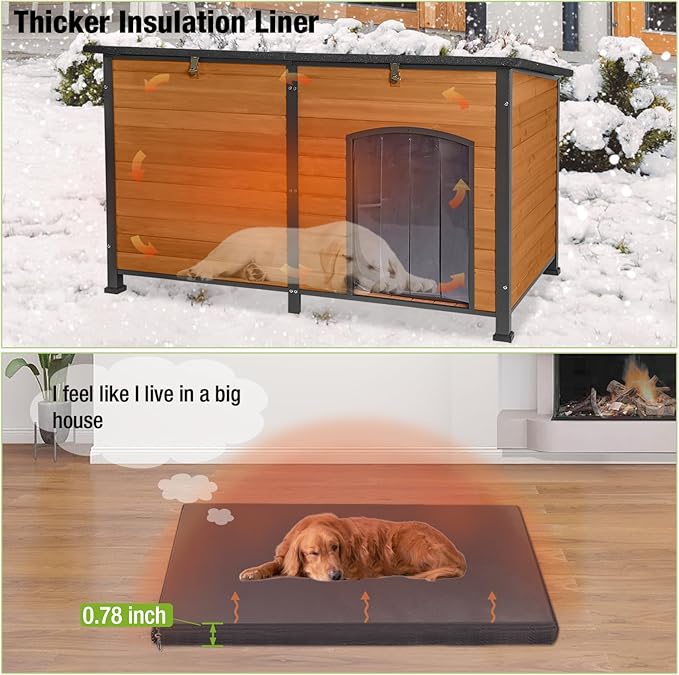 GUTINNEEN 59.1" Extra Large Dog House Outdoor Insulated for Winter with Durable Metal Fame, Brown