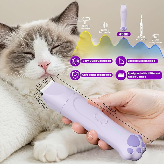 Dog Clipper 4-in-1 Grooming Kit – Includes Comb, Paw Trimmer, Nail Grinder, Rechargeable & Wireless Design, Low Noise, IPX7 Waterproof, Pet-Friendly Clipper (Purple)