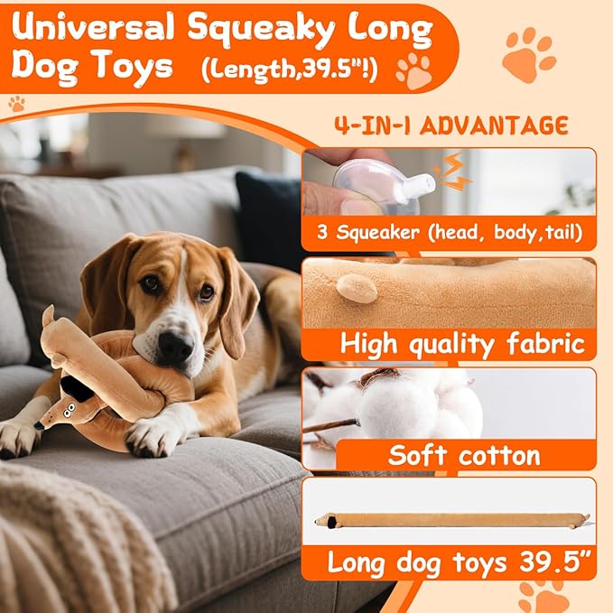 Squeaky Plush Dog Toy for Aggressive Chewer, Stuffed Animal Toy with Squeaker, Durable Interactive Puppy Chew Toy for Boredom, tug-of-war, Small Medium Large Breed(39.5“ Long Dog)
