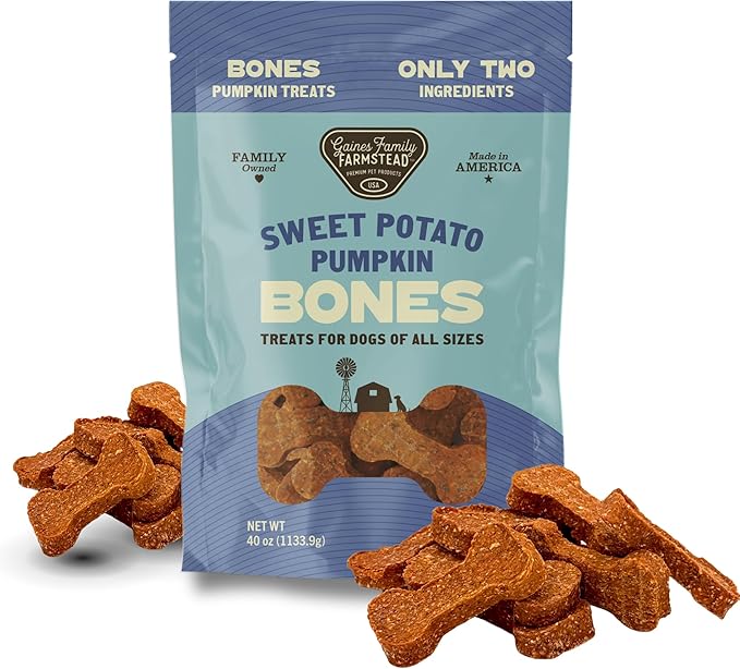 Gaines Family Farmstead Pumpkin & Sweet Potato Dog Bones – 40 oz Bag, Natural, Grain-Free Dog Treats for Digestive Health & Immunity – High-Fiber, Vitamin-Rich Chews, Made in USA