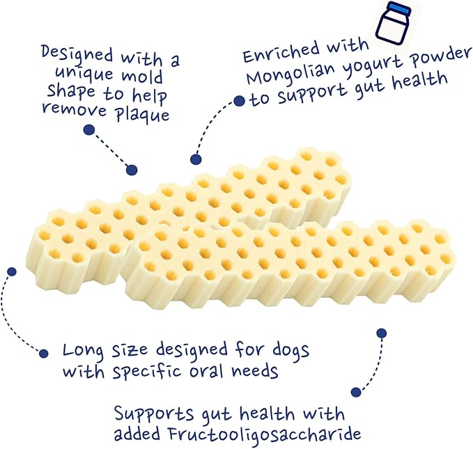 KI-You Mongolian Yogurt for Dogs – Soft Honeycomb Shape for Advanced Dental Care, Probiotic & Prebiotic Rich for Gut Health, for Sensitive Gums (Chew - Long Type)