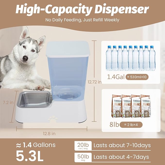 Automatic 5.4L/1.4Gal Pet Waterer, Automatic Dog Water Dispenser Gravity Stainless Steel Water Feeder, Large Capacity Feeding Bowls for Cats and Medium & Large-Sized Dogs (White, Food+Water)