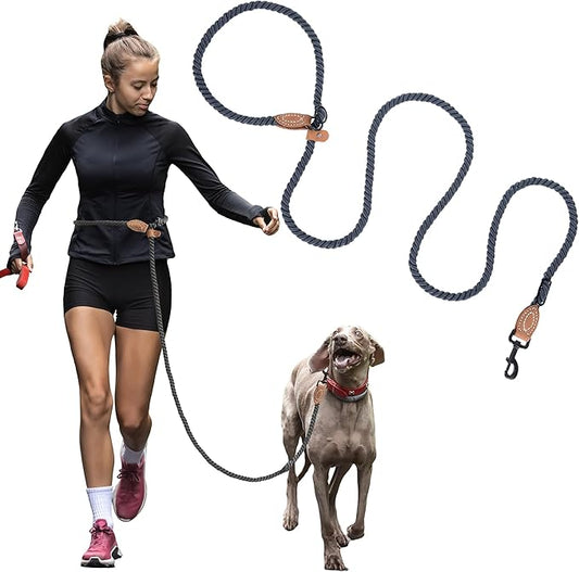 Mile High Life Hands Free Dog Leash, Crossbody Waist Leash with Genuine Leather Connection, Multifunctional Adjustable Slip Lead for Dog Walking Running (Blue Green, 8FT)