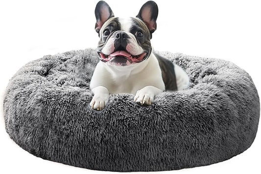 JOLLYVOGUE Large Calming Dog Bed, Anti-Anxiety Donut Cuddler Cat Bed with Anti-Slip Bottom, Fluffy Faux Fur Machine Washable Pet Cushion for Medium Large Dog & Cat, 36"/Smoke Black
