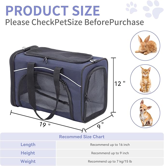 Petsfit Airline Approved Pet Carrier for Small Dogs & Cats, 19x9x12 TSA Approved Carrier, with Removable Dual-Sided Padding (2-Way Placement) - Fits Under Most Airplane Seats, Escape Proof (Navy)