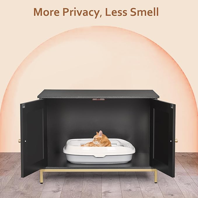 Homhedy Cat Litter Box Enclosure, Cat Washroom Furniture with Metal Frame, Pet House, Fit Most of Litter Box, Modern Style, Black and Gold