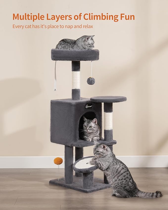 FourFurPets Small Cat Tree, Multi-Level Cat Tree for Indoor Cats, Cat Tower with Scratching Post, Cat Condo for Kittens, Dark Gray