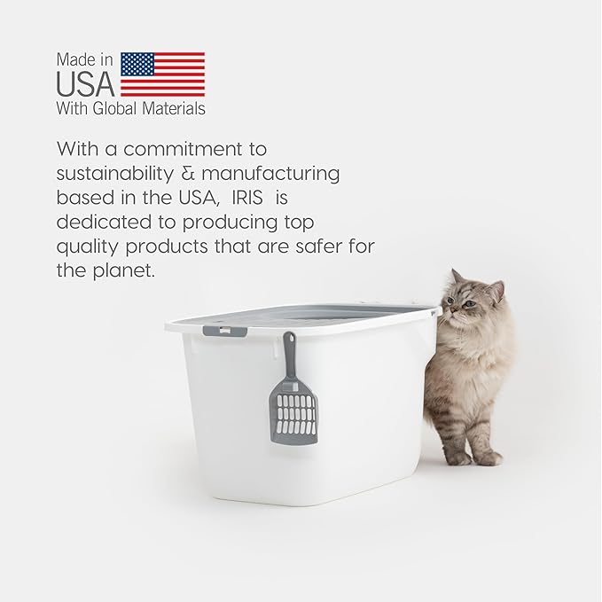 IRIS USA Cat Litter Box, Large Cat Box Enclosure, Top Entry with Litter Catching Lid, Enclosed with Scoop, White/Gray