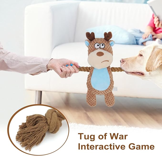 Dog Toys, Dog Squeaker Toys with Crinkle Paper, Stuffed Animal Dog Plush Chewing Toy, Cotton Rope Interactive Toys for Puppy, Small, Middle Dogs (Camel-Colored Elk)