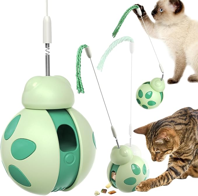 Cat Puzzle Toys,Slow Feed Dispensing Cat Toy with Cat Teaser Wand,Never-Knockover Wobble Design, Health Benefits and Weight Loss (Green)