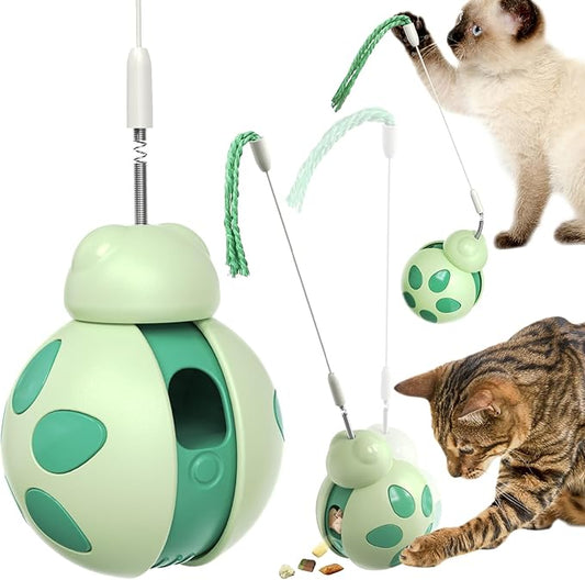 Cat Puzzle Toys,Slow Feed Dispensing Cat Toy with Cat Teaser Wand,Never-Knockover Wobble Design, Health Benefits and Weight Loss (Green)