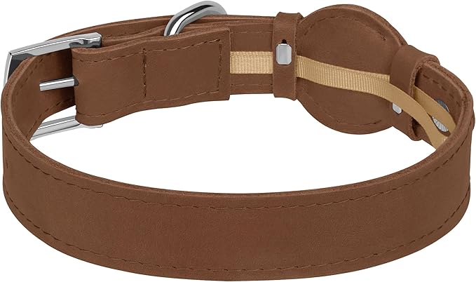 Leather Dog Collar with Airtag Holder - Apple AirTag Dog Collars - Soft Tracking Smart GPS Pet Collar for Small Medium Large Dogs Puppy (Tawny, M, 12"-15" Neck Fit)