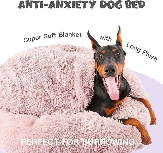 Himax Dog Beds for Large Dogs, Donut Dog Bed with Blanket Attached, Calming Dogs Beds Washable (20"/26"/35") Beige