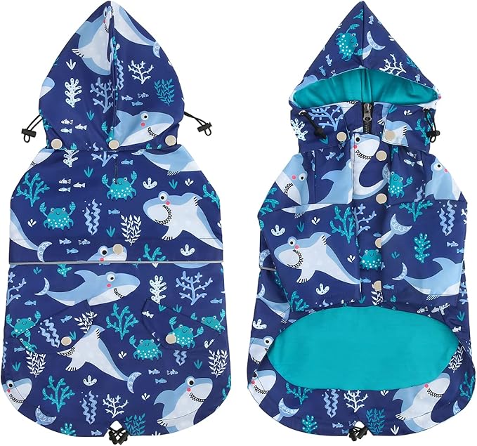 HDE Dog Raincoat Poncho Double Layer Zip Rain Jacket with Removable Hood, Leash Hole for Small to 3XL Dogs and Puppies Sharks - 2XL