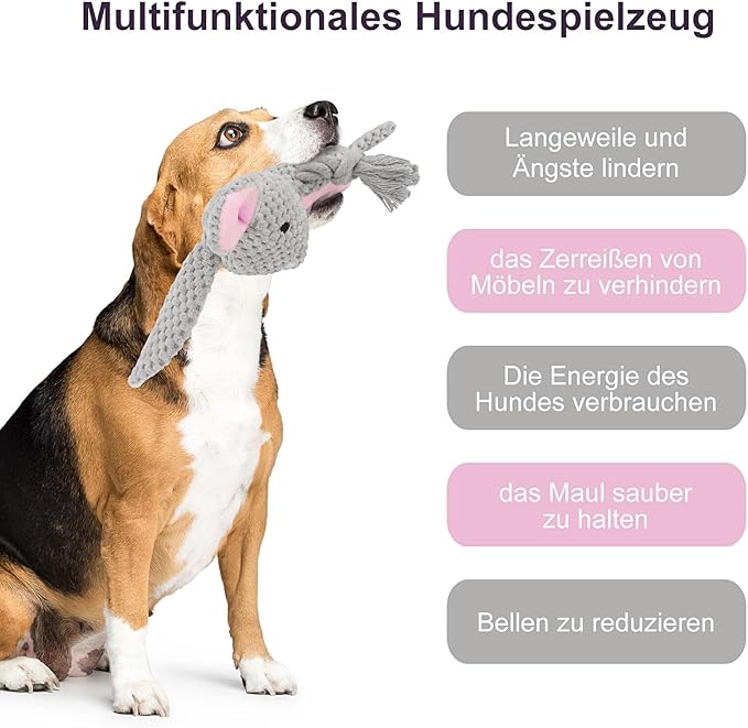 Dog Toys, Dog Squeaker Toys with Crinkle Paper, Stuffed Animal Dog Plush Chewing Toy, Cotton Rope Interactive Toys for Puppy, Small, Middle Dogs (Gray Rabbit)