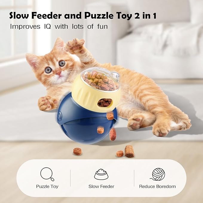 Slow Feeder Cat Bowl, Dog Slow Feeder, Cat Treat Dispenser Toy with Adjustable Dispensing Hole, Puzzle Toy to Prevent Boredom & Bloating for Cats and Small Dogs