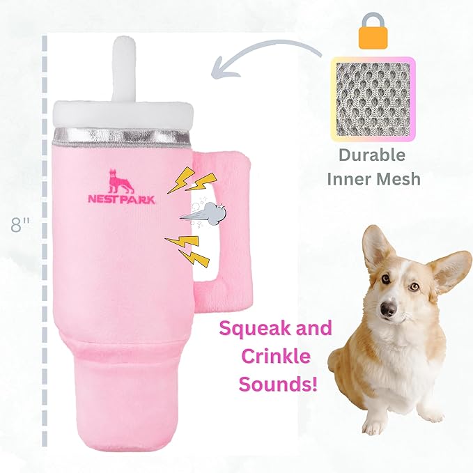 Tumbler Cup Funny Dog Toy - Parody Plush Squeaky Crinkle Dog Toy (Pink Dusk)