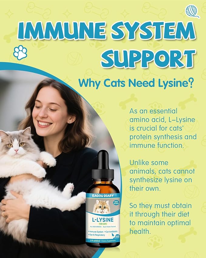 L-Lysine for Cats,Lysine Drops Immune Support Supplement,Sneezing,Cold,Allergy Relief,Runny Nose,Feline Respiratory,Natural Antibiotics for Cats with Colostrum,Taurine (Roast Chicken Flavor/2floz)