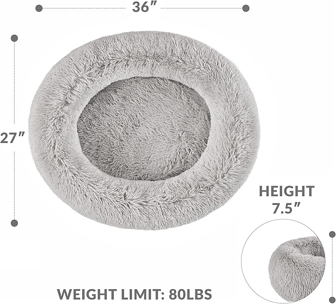 Friends Forever Serena Donut Memory Foam Orthopedic Dog Bed, Soft Faux Fur Oval Cat Couch For Indoor Pet, Fluffy Calming Plush Shag, Round Raised Bolster Cushion, Machine Washable Cuddler, Grey