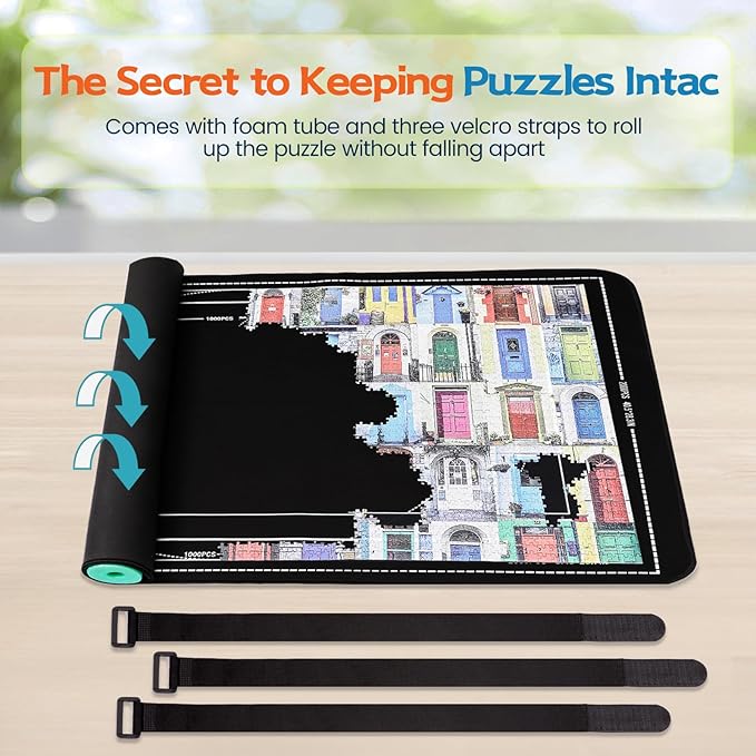 Jigsaw Puzzle Mat Roll Up, Portable Saver Pad 48” x 31” Up to 2000 Pieces, Puzzles Matt Rollup with Non-Slip Rubber Bottom & Smooth Top. (6 Puzzle Sorting Trays & 1 Storage Bag)