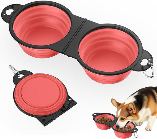 Pawaboo 2-in-1 Collapsible Dog Bowls, Dual Puppy Food and Water Bowls, 180° Flip Over Portable Silicone Dog Bowl with Metal Hook, 450ml Pet Travel Feeder Bowl for Walking Hiking Camping, Light Pink