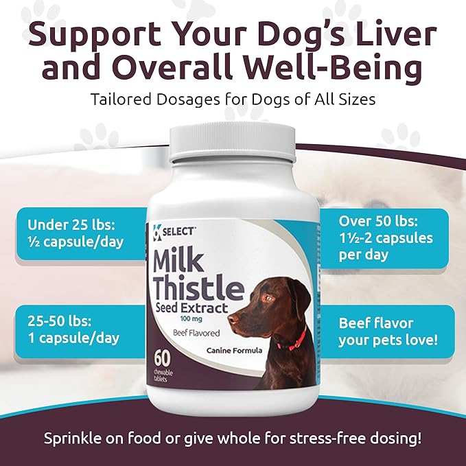K9 Select Milk Thistle for Dogs, 100mg - 60 Beef Flavored Tablets - Canine Liver Health Natural Milk Thistle Supplement