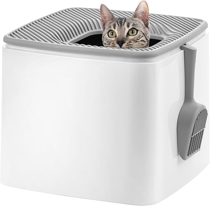 IRIS USA Top-Entry Litter Box with Scoop, Enclosed Square Style Litterbox with Odor Control, Easy to Clean for Cats, Covered Dog Proof Litter Box Design, White/Gray