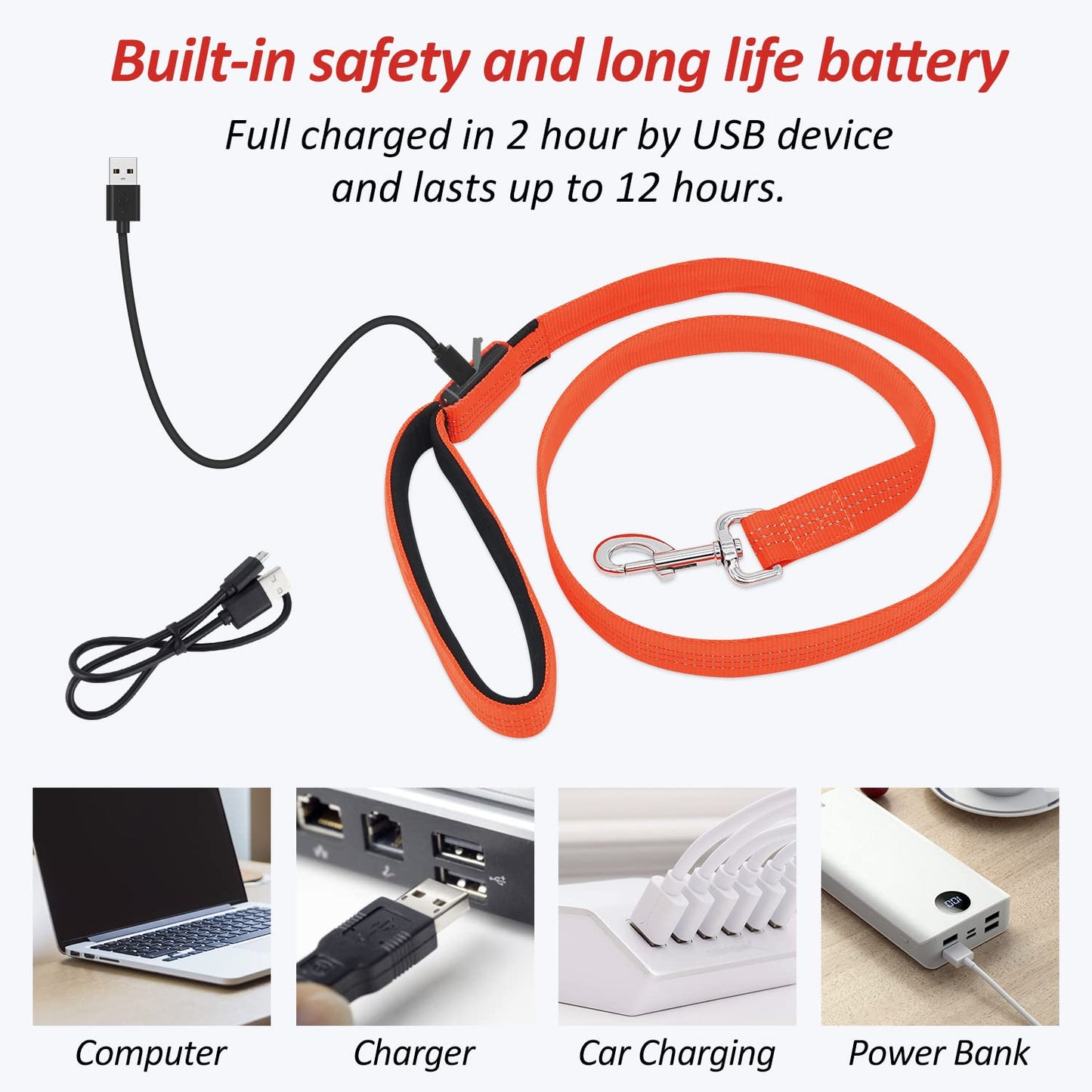 BSEEN LED Dog Leash, Reflective Light Up Dog Leash Rechargeable Glowing Pet Lead Safety Dog Lights for Night Walking (4 Ft, Reflective Orange)